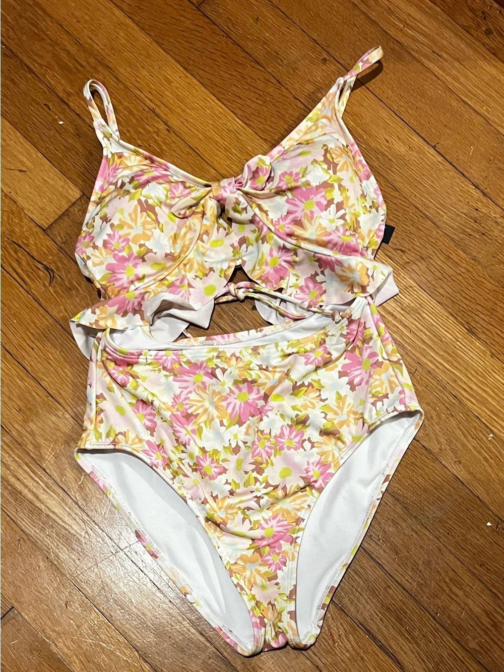 Hurley Floral Tie-Front One-Piece Swimsuit in Pink & Yellow